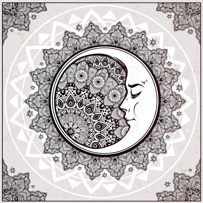 Bohemian ornate vector crescent moon.